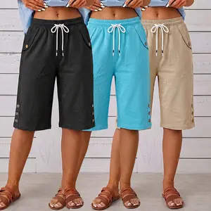 Women’s loose Bermuda shorts with an elastic waistband and drawstring design, casual knee-length length, featuring decorative buttons for comfortable everyday wear.