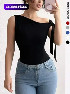 Summer Women's Asymmetric Neckline T-Shirt, Sleeveless Slim-Fitting Chic Feminine Casual Top, soft stretch fabric, Plain Design, Perfect for Daily Wear