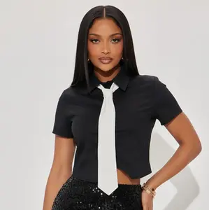 Elegant Black Crop Top with White Tie Detail - Short Sleeve Button-Up Shirt for Women