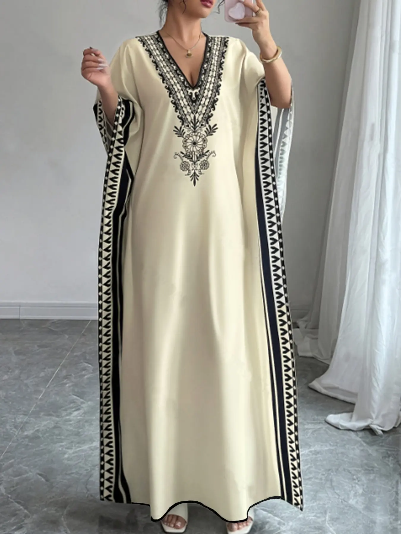 Women's Muslim V-Neck Batwing Sleeve Loose Print Long Dress, Modest Style Dress, Muslim Dresses, Summer Beach Vacation Dress, Casual Travel & Daily Wear