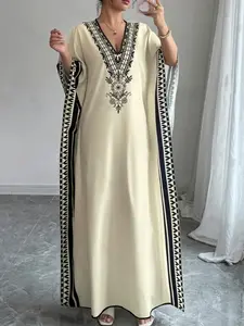 Women's Muslim V-Neck Batwing Sleeve Loose Print Long Dress, Summer Beach Vacation Dress, Casual Travel & Daily Wear