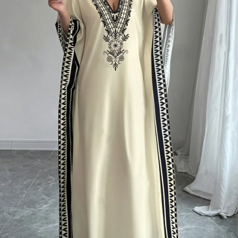 Women's Muslim V-Neck Batwing Sleeve Loose Print Long Dress, Caftan Dress, Summer Beach Vacation Dress, Casual Travel & Daily Wear