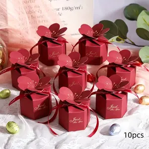 Valentine's Day Creative Petal Gift Box, European Wedding Table Decor, Hexagonal Candy Box with Ribbon, Perfect Valentine's Gift Packaging (10pcs)