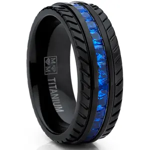 Men's Black Titanium Wedding Band, Engagement Eternity ring  W/ Princess Cut Deep Blue Cubic Zirconia CZ