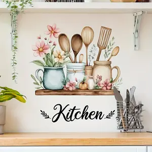 Realistic Kitchen Tool Wall Sticker, Floral Pattern Sticker, Decorative Ornaments Background Wall Decal for Living Room Dining Room, Home Decoration Gift, Wall Art Stickers