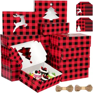 30-Piece Christmas Cupcake Boxes Checkered Cookie Gift Boxes Food & Dessert Containers with Labels Suitable for Cupcakes, Candies, Party Favors (Red + Black, 10 x 6.3 x 3 inches)