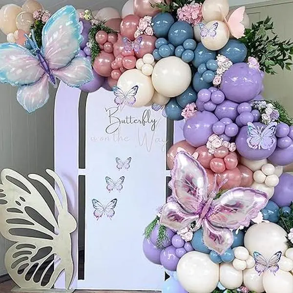 186Pcs Blue Butterfly Balloons Garland Arch Kit with White Pink Blue Taro Purple Butterfly Foil Balloons for Girl Lavender Baby Bridal Shower Wedding Birthday Party Decorations