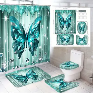 4pcs Vibrant Turquoise Butterfly Bathroom Decor Set, Home Goods, Shower Curtain Sets, Glittery Silver Color Accents, Plush Bath Mat, Toilet Seat Cover, The floor mat fabric is thicker and softer! Festive Season Aesthetics