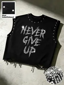 Men's Round Neck Sleeveless Casual Vest, Tops, Letter Rhinestone Design, Ripped Hem Effect, Trendy Fashion, Comfortable Daily Wear