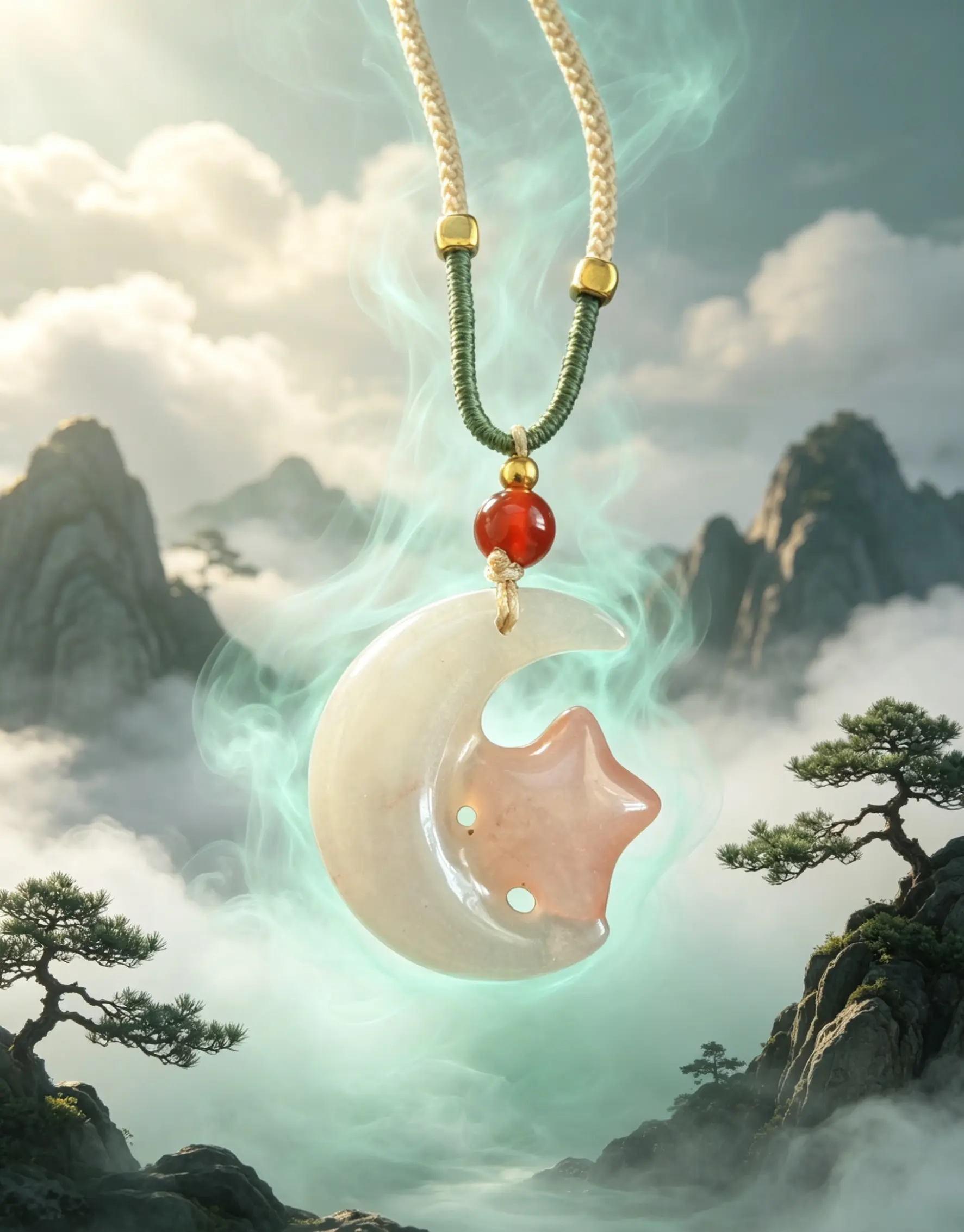 Natural Stone Moon Star Jade Pendant Necklace, Adorned with Red Agate Beads, Balancing Energy and Inner Harmony, Fashion Accessory