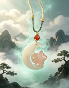 Natural Stone Moon Star Jade Pendant Necklace, Adorned with Red Agate Beads, Balancing Energy and Inner Harmony, Fashion Accessory