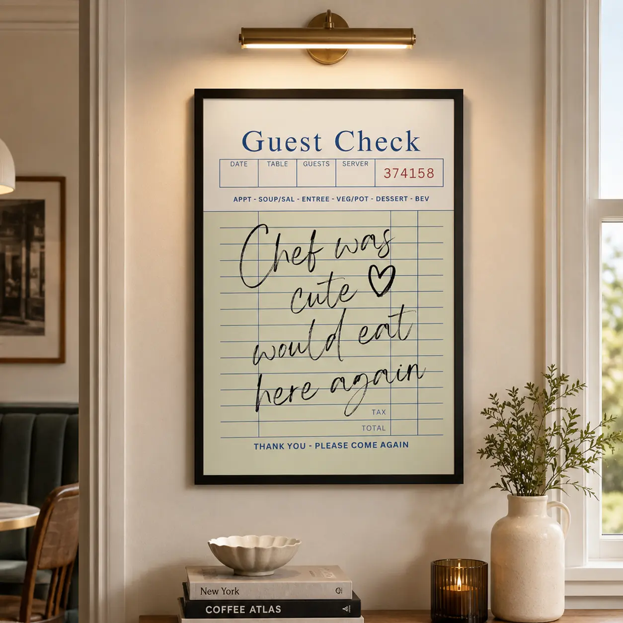 Guest Check Poster, Guest Check Wall Art, Chef Was Cute Would Eat Here Again Canvas Print, Vintage Checks Wall Decor For Restaurant And Kitchen