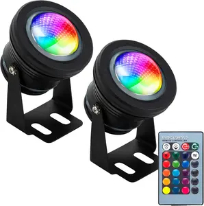12V RGB Outdoor Spot Lights (2 Pack), IP68 Waterproof Landscape Lighting, 10W Color Changing LED with Remote, Garden, Pathway & Accent Uplighting (Low Voltage)