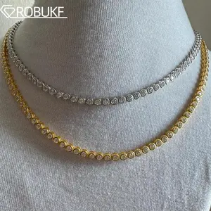 Bezel Set Moissanite Tennis Necklace For Women 2mm 3mm Round Diamond S925 Silver 18K Gold Plated Bubble Chain Jewelry  with GRA