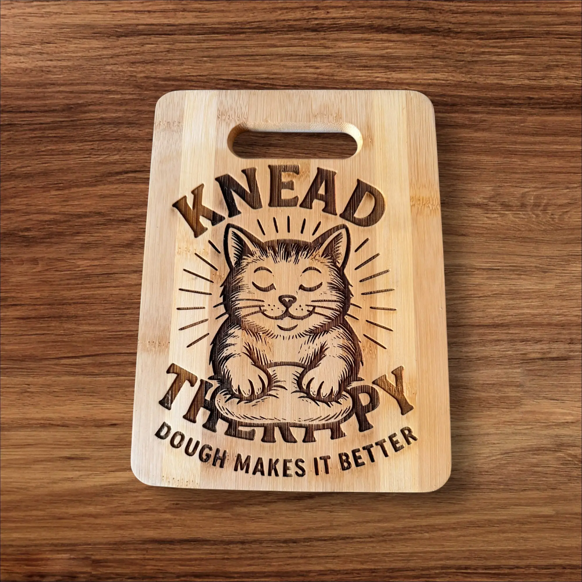 Knead Therapy Bamboo Cutting Board – Cute Cat Baking Board | Laser Engraved Gift for Bakers & Cat Lovers