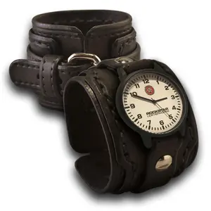 Black Layered Leather Cuff Watch Stitched & Layered Cuff