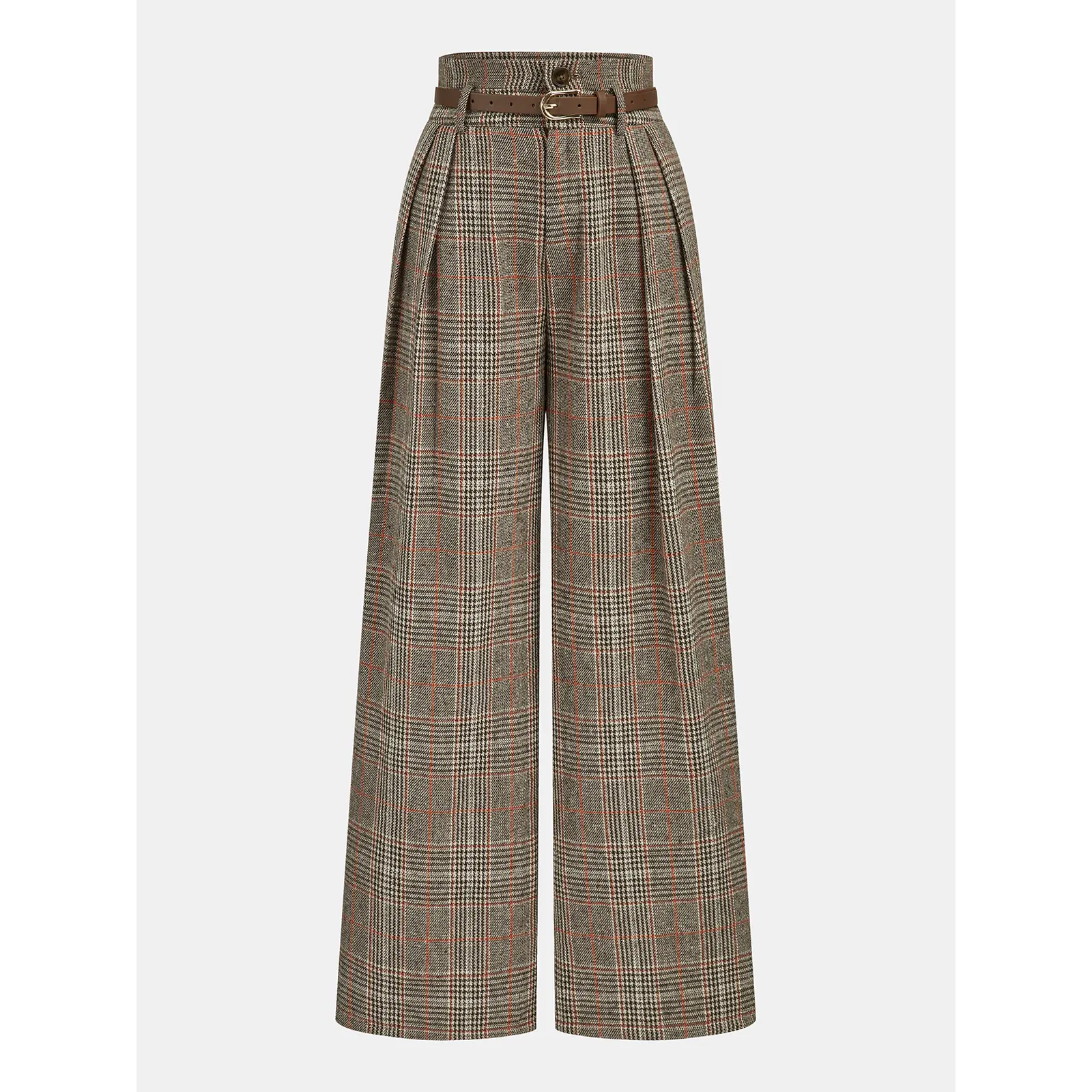 Belted Plaid High-Waisted Pants