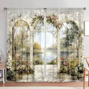 Floral Pattern Door Curtain, 1 Set Romantic Garden Arch Bridge Pattern Door Curtain, Home Decor for Living Room Bedroom Study Room