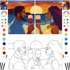 2 Pack Pre Drawn Canvas for Painting Sip and Paint Kit for Couple 8" x 10" Stretched Pre Printed Canvas Couples Date Night Art Party Adults Easter Mother's Day Gift(Romantic Date)
