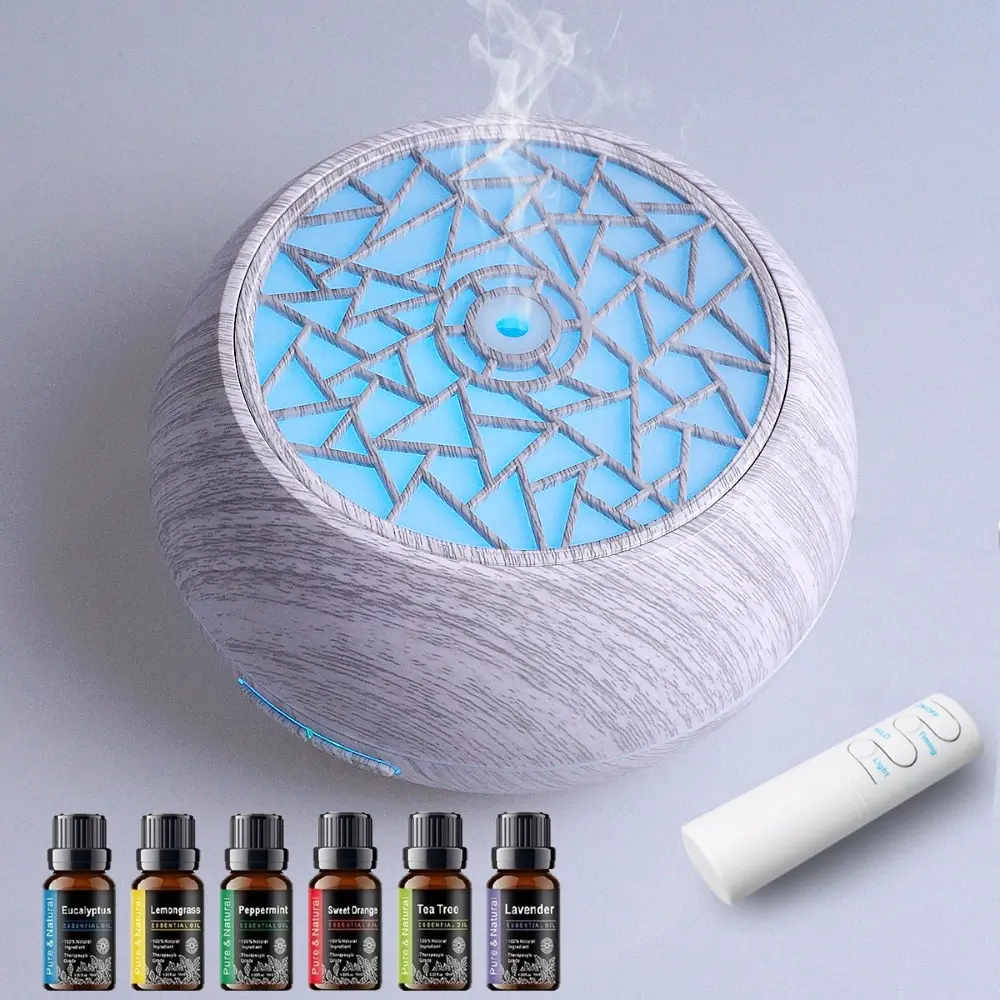 550ml Wooden Texture Aromatherapy Humidifier - Ultra-Quiet for Deep Sleep Nights, Essential Oil Compatible, 7-Color Adjustable LED Nightlight, Wireless Remote Control, 6 Essential Oils Included, Elegant Look Upgrades Any Room Decor