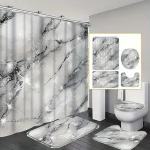 1/4 pcs European luxury marble pattern shower curtain set, festive design, non-slip floor mat, U-shaped carpet, toilet lid cover, perfect for bathroom decoration, partition, beautify the space, free 12 shower curtain hooks