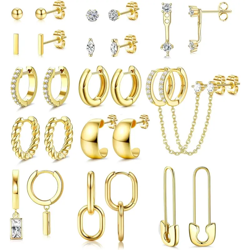 Jstyle Women's 13-Pair Small Stud Hoop Earrings, 14K Gold-Plated Dainty Lightweight Huggie Dangle Earrings, Hypoallergenic Female Jewelry Set, Daily Elegance Everyday Accessory, Gold Aesthetic Jewelry Gift