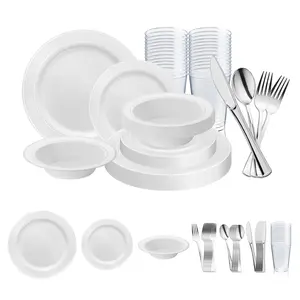 White with Silver Edge Rim Plastic Wedding Value Set - 120 Dinner Plates, 120 Salad Plates, 120 Bowls, 240 Forks, 120 Spoons, 120 Knives, 120 Cups