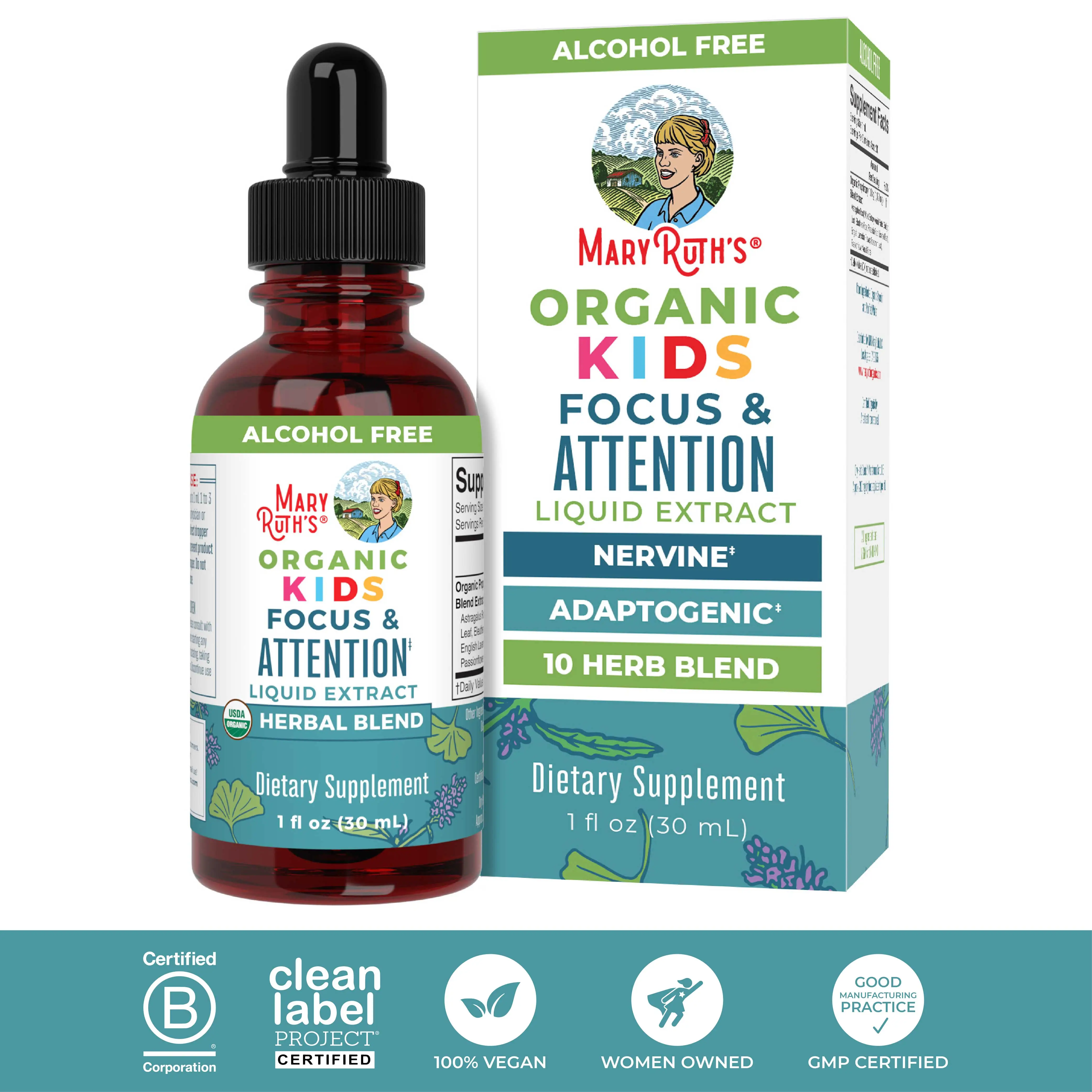 MaryRuth's Organic Kids Focus & Attention Drops - Adaptogenic - Nervine - Calming - 10 Herbal Blend - Vegan - Non-GMO - Gluten Free - 30 Servings