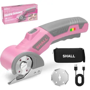 4V Cordless Electric Scissors, Rechargeable Cardboard Cutter, Rotary Electric Box Cutter w/Safety Lock, LED Light & Replacement Blade for Fabric, Leather, Carpet, Cardboard & Plastic, Pink/Grey