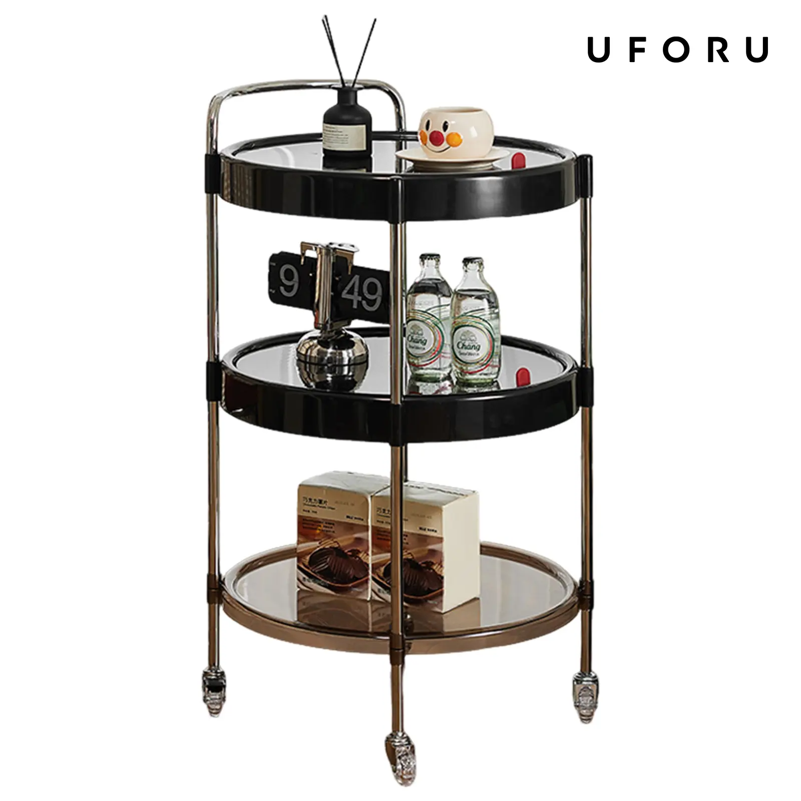 UFORU Round Rolling Side Cart with Wheels, 2 Tier / 3 Tier Multifunctional Storage Trolley, Modern Home Decor Organizer for Indoor Use