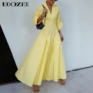 UOOZEE Women New Prom Elegant Cotton Pleated with Pockets Maxi Dresses, Spring Summer A-Line Evening Birthday Wedding Shirts Long Dress(Bust &Waist Measurements Run Snug with No Stretch ) Casual Breathable