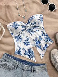 Women's Floral Print Tube Top, Casual Sleeveless Strapless Split Hem Top for Summer, Ladies Clothes for Daily Wear