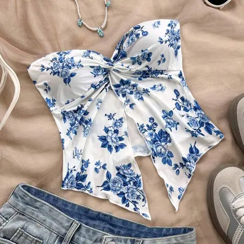 Floral Print Sleeveless Tank Tops, American Vacation Style, Strapless Knot Design, Asymmetrical Hem, Elastic Slim Fit, Perfect for Beach, Shopping, Parties