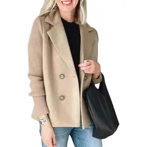 Women's Double Breasted Wool Coat - Notched Lapel Ribbed Knit Sweater Blazer with Long Sleeves Suit Womenswear Jacket Outerwear Casual