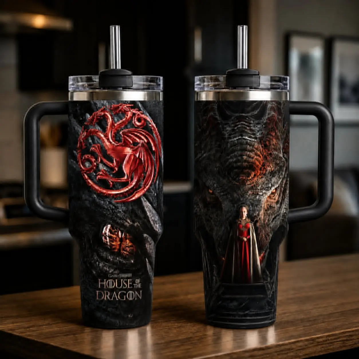 House of the Dragon 40oz Tumbler, Epic Fantasy Series Fan Travel Mug, Dragon Queen Red and Black Cup with Black Handle