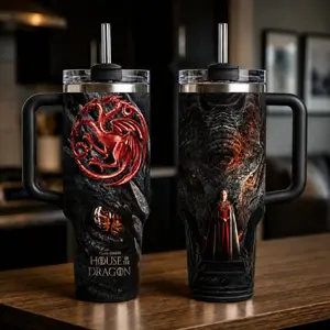 House of the Dragon 40oz Tumbler, Epic Fantasy Series Fan Travel Mug, Dragon Queen Red and Black Cup with Black Handle
