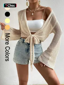 Women's Plain Knot Front Cardigan, Casual Long Sleeve Cover Up for Summer, Fashion Women's Knitwear for Beach Holiday Vacation