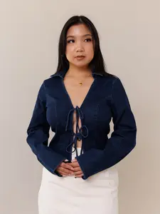 Blazing Denim Top - dark blue stretchy denim with a comfy, loose fit, open front and adjustable ribbon bow tie closure