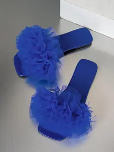 Women's Fashionable Plain Color Flower Decorated Slippers, Casual Comfortable Flat Sandals for Summer, Fluffy Decor Sandals, Lightweight Breathable Shoes for Daily Wear, Girl