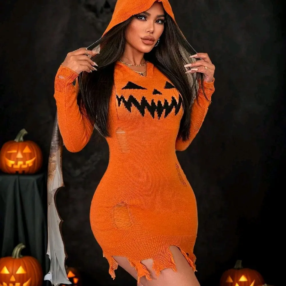 Halloween Pumpkin Teeth Print Orange Sexy Hollow Out Tassel Hooded Women Bodycon Sweater Dress Cosplay