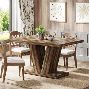 LITTLE TREE 47-Inch Dining Table for 4, Distressed Brown Kitchen Dinner Furniture with Heavy Duty Pedestal, Farmhouse Wooden Eating Desk for Home, Dining Room, Small Space