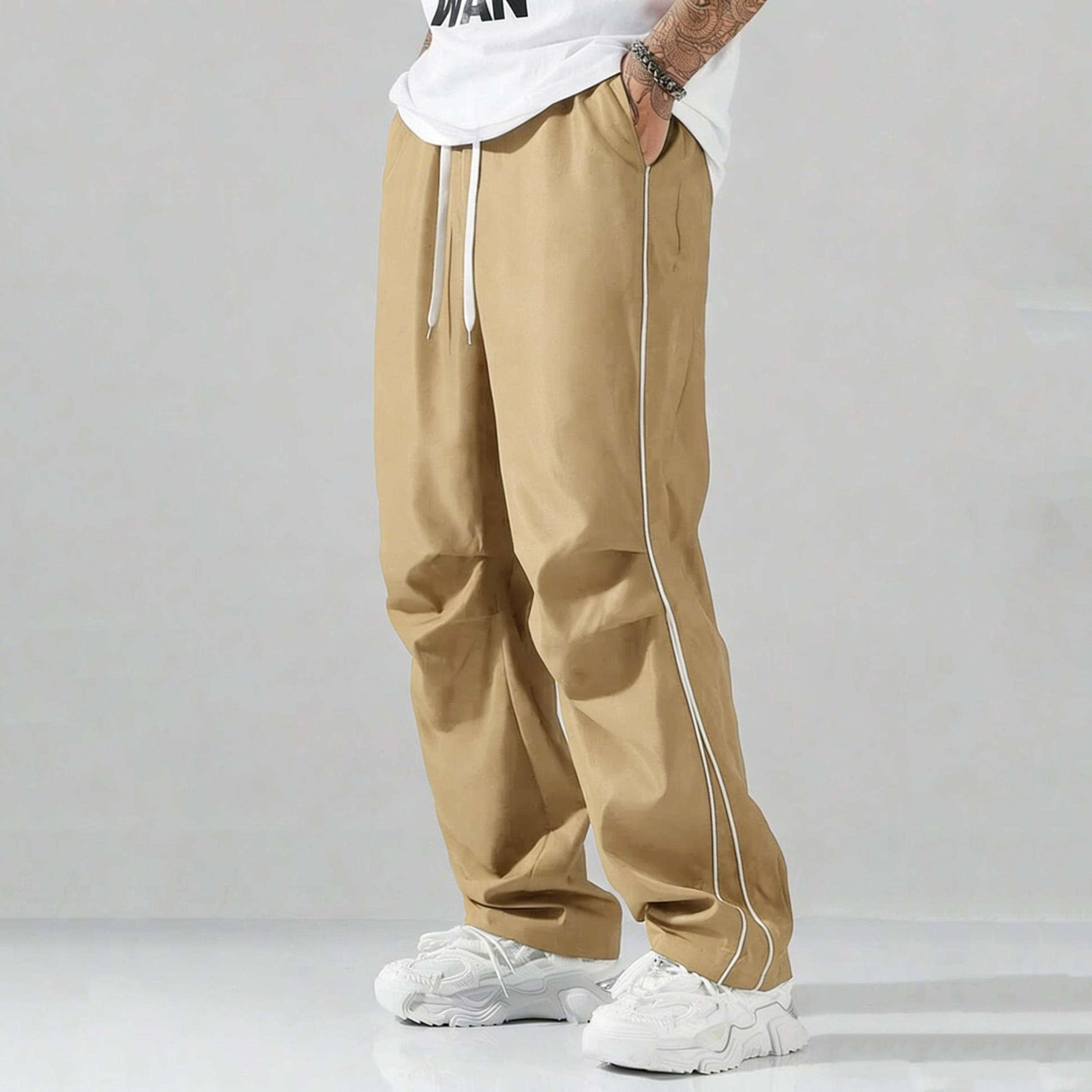 Unisex baggy wide-leg sweatpants; men’s casual athletic pants made from soft fabric with an elastic waistband and drawstring; loose fit with side stripes; breathable, lightweight sports fitness streetwear pants; all-day comfort and versatile for everyday