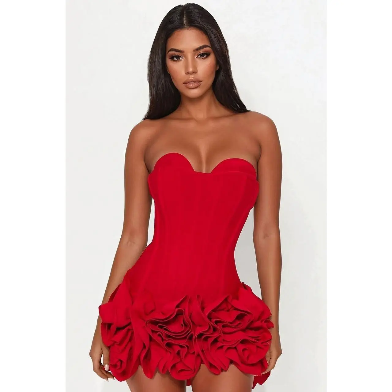 Women's Ruffled Strapless Casual Heart Shape Mini Dress - Women's Clothes, Polyester Blend, Padded Bust, Spandex Corset Waist, Ruffle Rosette Bandage, Zipper Bodycon, Ruffled Strapless Casual Dresses, Strapless Corset Mini Casual Dresses