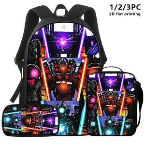 Skibidi Toilet Speaker Man & Camera Man 3-Piece Backpack Set, Colorful Print School Bag + Lunch Bag + Pencil Case, Oxford Cloth Adjustable Strap Daypack for Fans & Kids