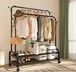 Fybee Heavy Duty Rolling Clothing Rack Adjustable Double Rod Garment Organizer with 2 Shelves & Hooks Mobile Wardrobe for Bedroom Closet Steel Construction 160 lbs Capacity