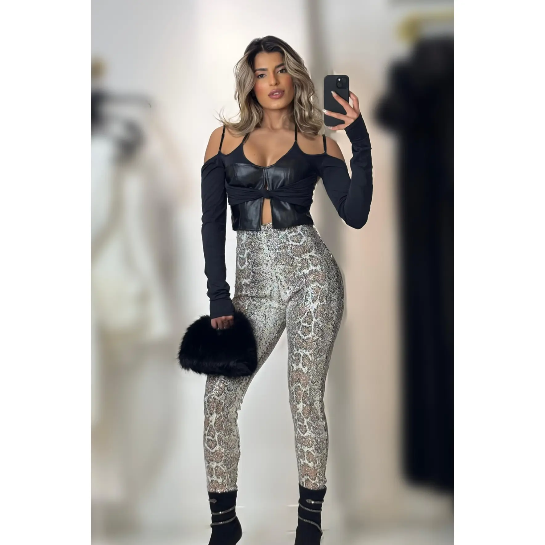 SALE Jessica Bara Leather Long Sleeve Top