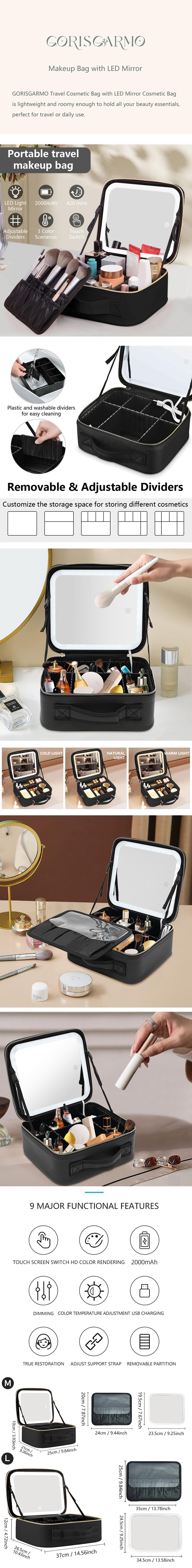 GORISGARMO Travel Makeup Bag with LED mirror Cosmetic Bag Adjustable Dividers, Makeup Organizer Bag with Lighted Mirror 3 Color Scenarios Adjustable Brightness,Waterproof, Professional Cosmetic Artist Organizer.Perfect Christmas Gift For Friend & Family. GORISGARMO Travel Makeup Bag with LED mirror Cosmetic Bag Adjustable Dividers, Makeup Organizer Bag with Lighted Mirror 3 Color Scenarios Adjustable Brightness,Waterproof, Professional Cosmetic Artist Organizer.Perfect Christmas Gift For Friend & Family.