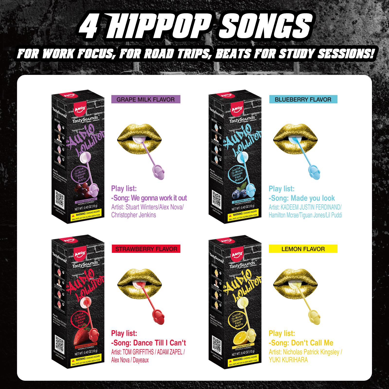 AMOS Audio Lollipop Candy Gift Box – Sugar-Free Music Lollipops with Bone Conduction Sound, 4 Hip-Hop Flavors, Fun Creative Candy for Kids & Adults AMOS Audio Lollipop Candy Gift Box – Sugar-Free Music Lollipops with Bone Conduction Sound, 4 Hip-Hop Flavors, Fun Creative Candy for Kids & Adults