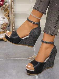 Women's Sequined Elegant Stylish Fashion Side Cutout Waterproof Platform Wedge Sandals, Three Colors (/blue/silver), Perfect for Summer Parties and