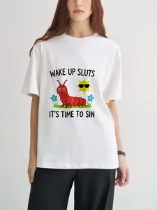 Funny Cartoon Red Worm Sun Flower Graphic T Shirt, Ironic Meme Crew Neck Short Sleeve Tee, 100% Cotton Loose Oversized Casual Tops, Trendy Aesthetic Summer Streetwear Unisex Soft Basic Printed Tees For Daily Party Outfits